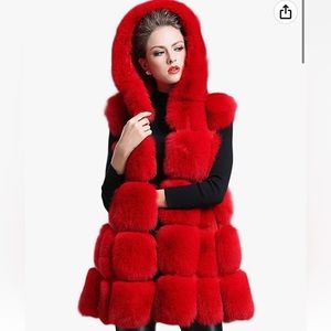 CHARTOU Sleeveless Hooded Fur Gilet Faux Fox Fur Vests Jacket (Red, Small) NWT